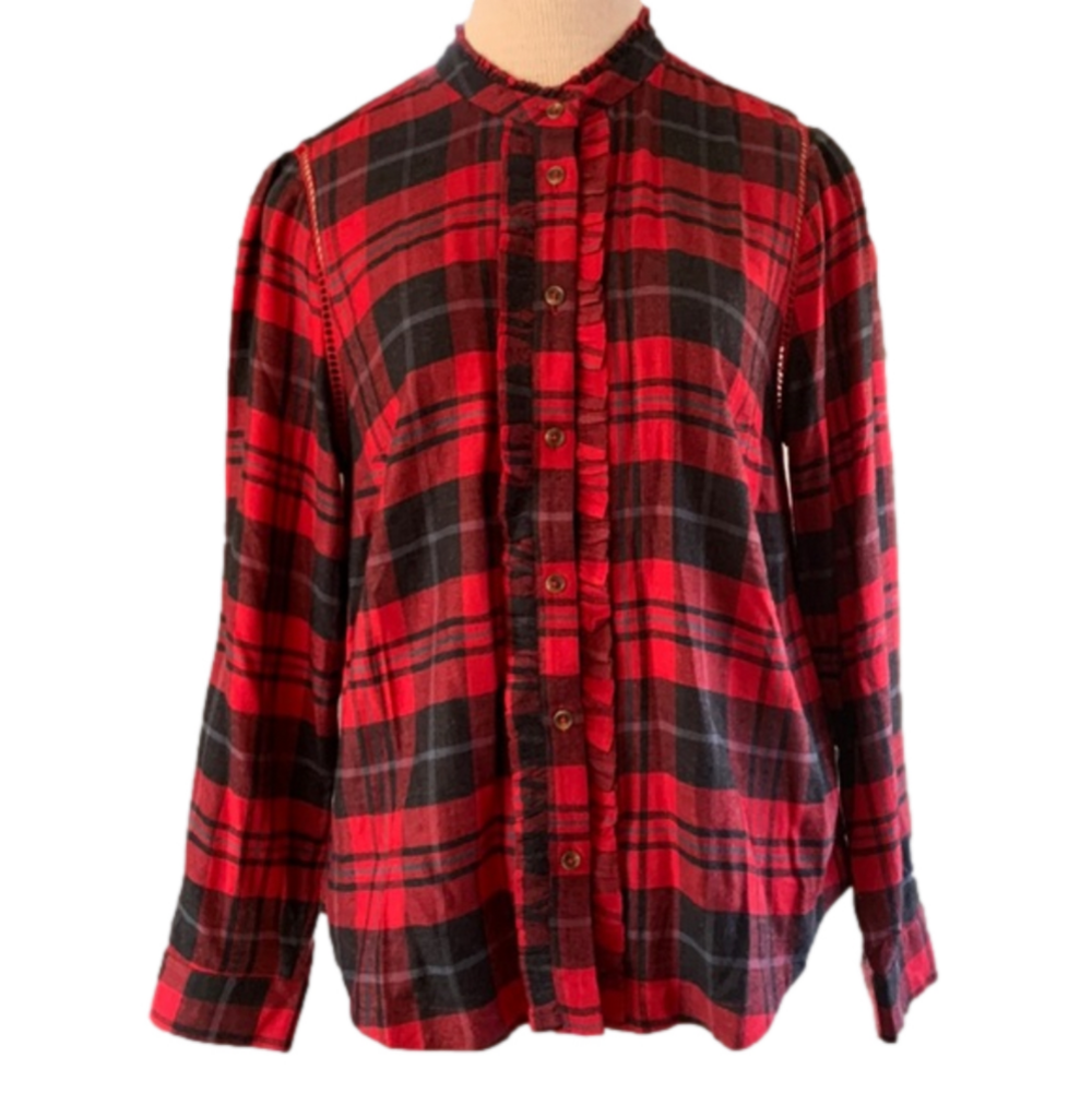 Soft Surroundings sz M red and black plaid button down shirt w/ruffles